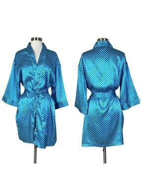 Vintage | Y2K Kathryn Blue Polka Dot Satin Wrap Kimono Lounge Short Robe Medium